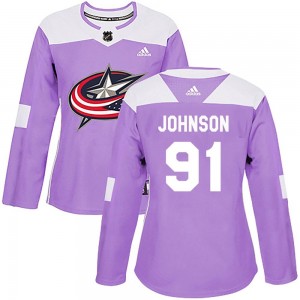 Kent Johnson Columbus Blue Jackets Women's Adidas Authentic Purple Fights Cancer Practice Jersey