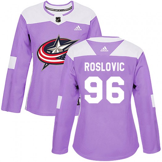 Jack Roslovic Columbus Blue Jackets Women's Adidas Authentic Purple Fights Cancer Practice Jersey